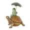 12" Bronze Sitting Frog Sculpture with Umbrella & Brown Walking Turtle